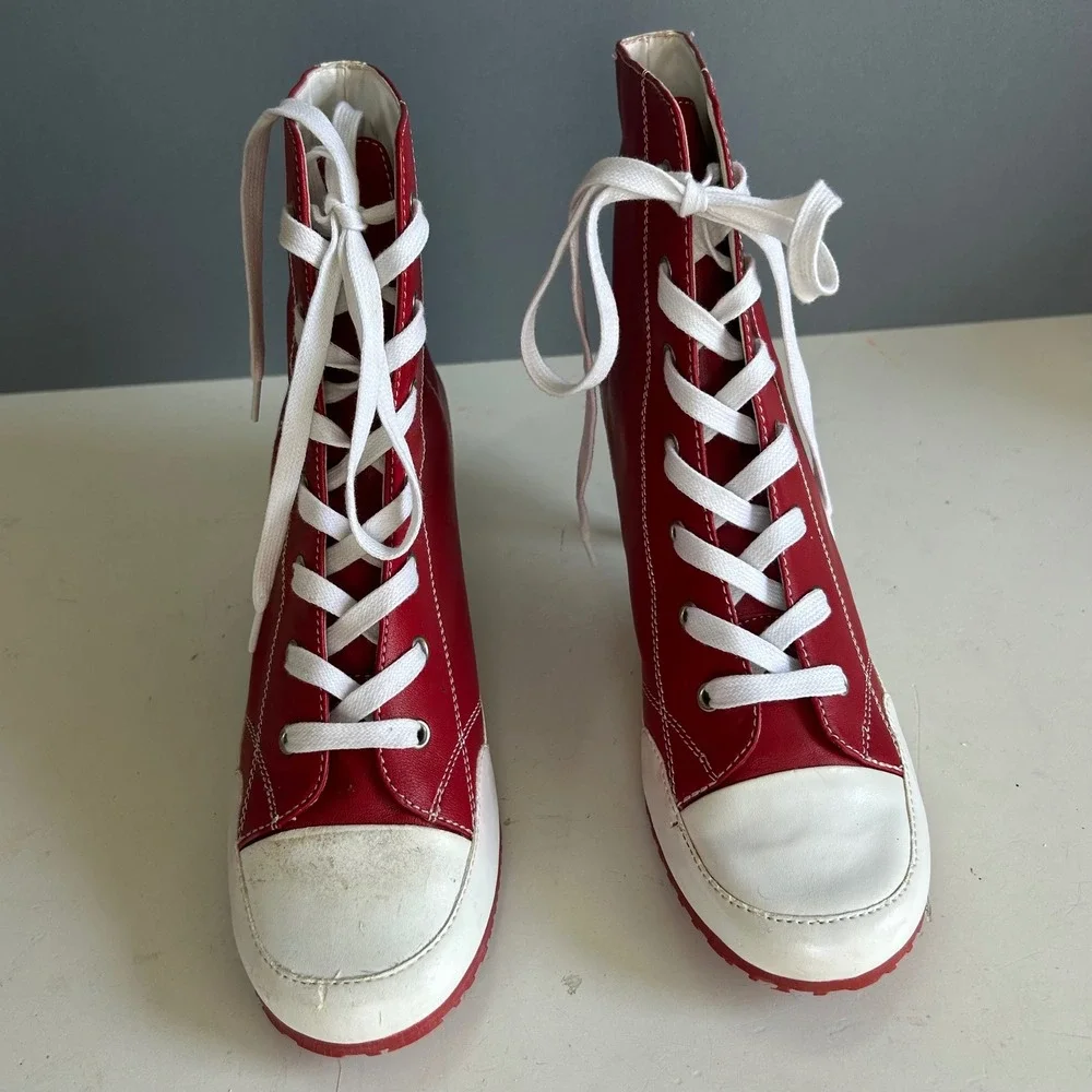 Y2K Steve Madden Kitten Heel High tops size 8.5 Red Leather Boots Streetwear - Picture 6 of 13